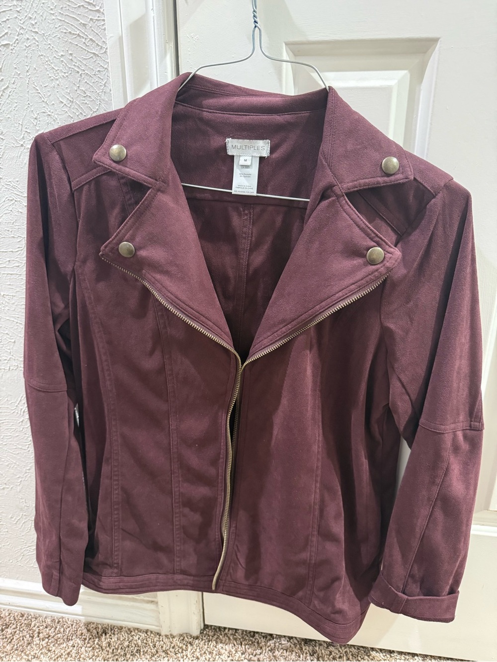 Multiples Women's Burgundy Moto-Style Faux Suede Jacket